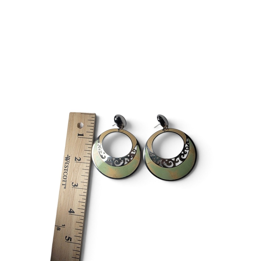 Vintage Boho Green Enamel Statement Hoop Earrings Scrollwork Southwestern Chic - Picture 2 of 3